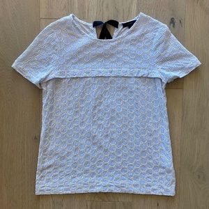 J. Crew blue + white seersucker lace eyelet blouse with black bow tie, size 6